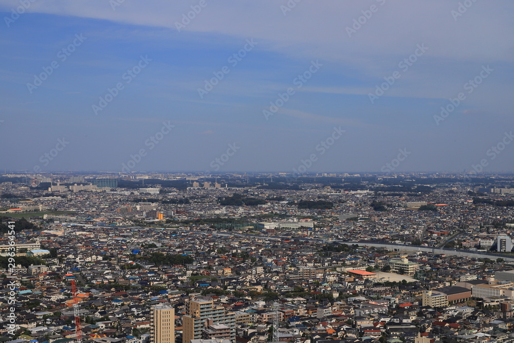 Aerial view of the suburbs of Tokyo, Ichikawa, Japan. Copy space.