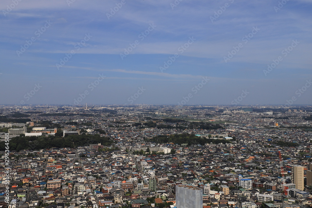 Aerial view of the suburbs of Tokyo, Ichikawa, Japan. Copy space.