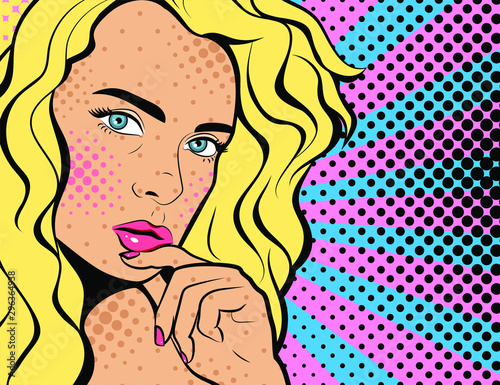 Sexy young woman. Advertising Pop Art poster or party invitation with club girl with open mouth in comic style. Vector Illustration. Face close-up.