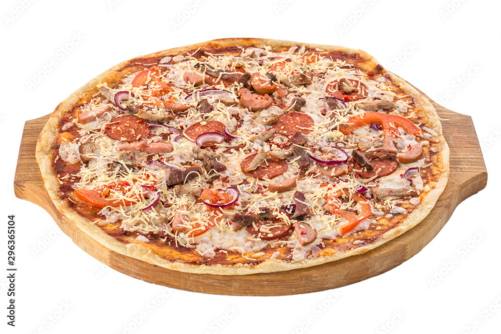 whole salami pizza with red onion on wooden board isolated on white background