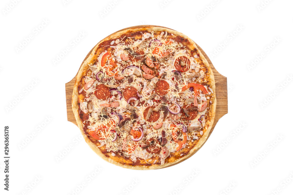 whole salami pizza with red onion on wooden board isolated on white background whole salami pizza with red onion on wooden board isolated on white background