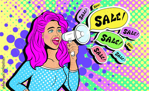 Sexy young woman with open mouth and megaphone screaming announcement. Advertising Pop Art poster or party invitation with club girl in comic style. Vector Illustration. Face close-up.