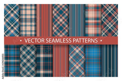 Tartan set pattern seamless plaid vector. Geometric background fabric texture. Modern check fashion template for textile print, wrapping paper, gift card, wallpaper flat design.