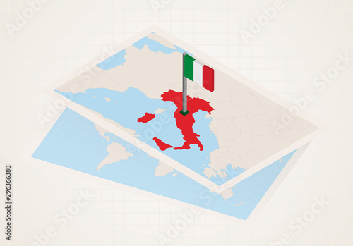 Italy selected on map with isometric flag of Italy. photo