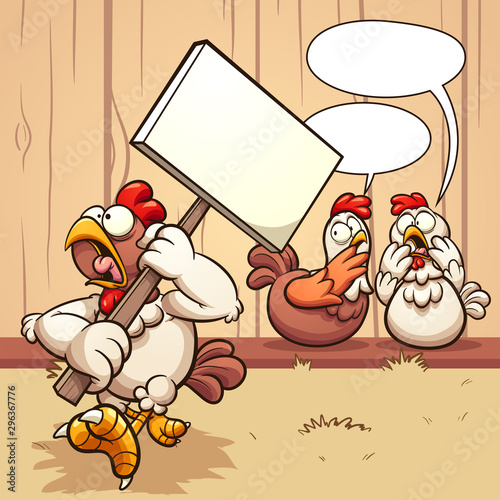 Cartoon hen protesting and two hens talking behind her back. Vector illustration with simple gradients. Some elements on separate layers. 