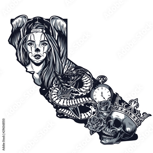 Vintage monochrome chicano tattoo template