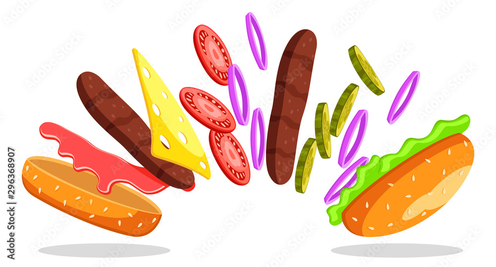 Burger with cutlets and vegetables flying in the air on a white. Burger with cutlets and vegetables flying in the air on a white.