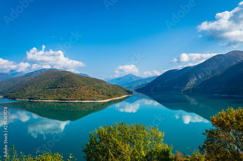 View of Zhinvali Reservoir, Ananuri Lake, in Autumn near the capital city Tbilisi in Georgia.