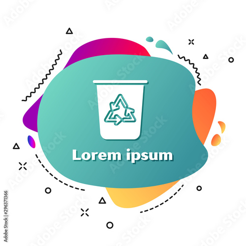 White Recycle bin with recycle symbol icon isolated on white background. Trash can icon. Garbage bin sign. Recycle basket sign. Abstract banner with liquid shapes. Vector Illustration