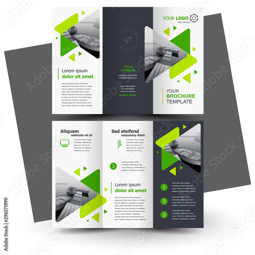 Brochure design, geometric abstract business brochure template, creative tri-fold, trend brochure triangles green color