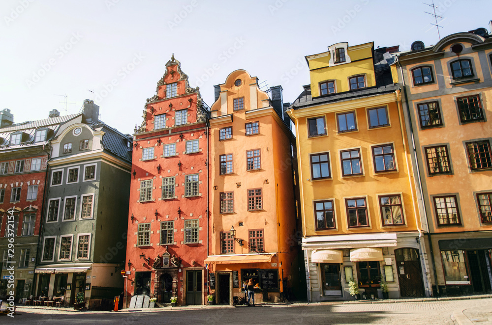 View of the Stortorget area in Gamla stan with bright colored old buildings