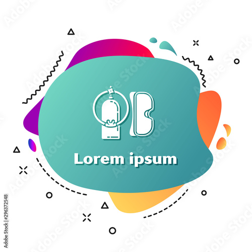 White Diving mask and aqualung icon isolated on white background. Oxygen tank for diver. Extreme sport. Sport equipment. Abstract banner with liquid shapes. Vector Illustration