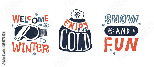 Ski Resort vector icons with funny text. Ride and Snowboarding motivation badges. Hand drawn Riders quotes, travel labels