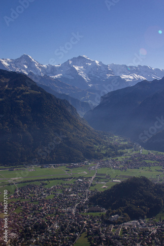 Aerial view of mountains and valley town