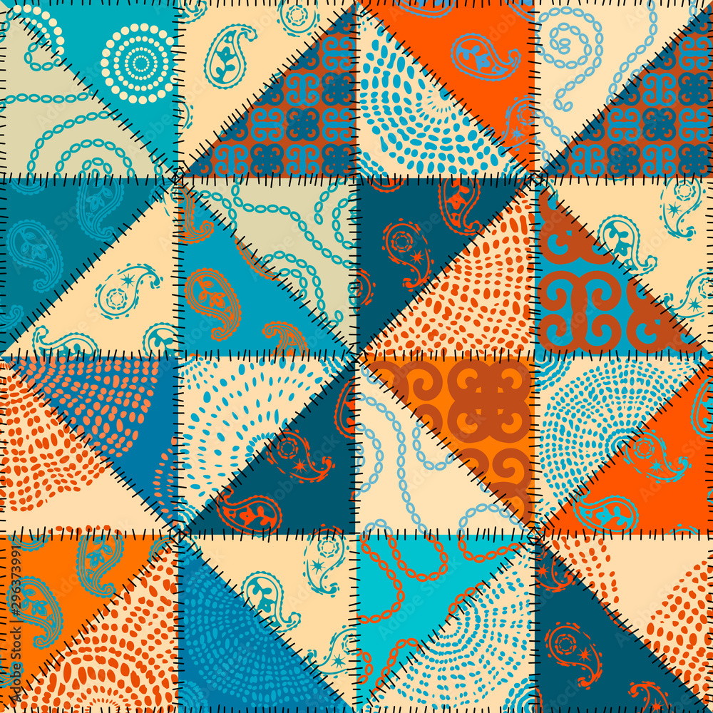 Seamless background pattern. Patchwork pattern of triangle shapes in indian style. Vector image