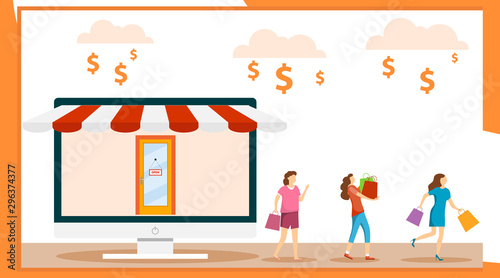 Women's shopping. Women go shopping with shopping. Online shopping. Computer monitor in the form of an online store. Vector illustration