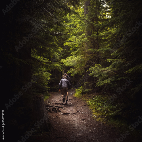 Rear view of man and woman walking in forest