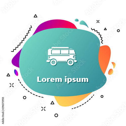 White Retro minivan icon isolated on white background. Old retro classic traveling van. Abstract banner with liquid shapes. Vector Illustration