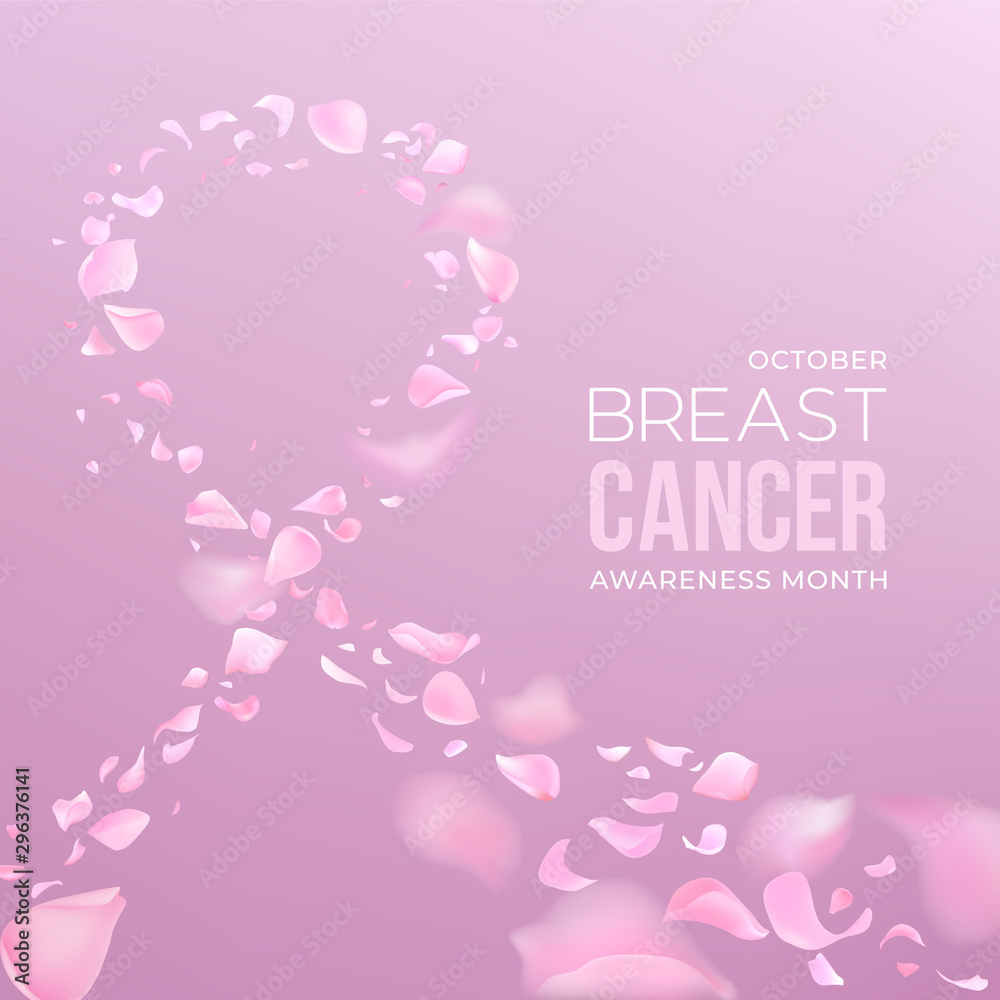 Breast cancer awareness month vector banner with pink rose petals