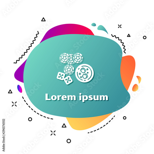 White Casino chips, game dice and glass of whiskey with ice cubes icon isolated on white background. Casino poker. Abstract banner with liquid shapes. Vector Illustration