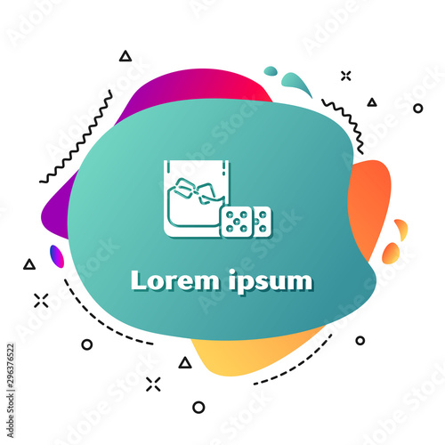 White Game dice and glass of whiskey with ice cubes icon isolated on white background. Casino gambling. Abstract banner with liquid shapes. Vector Illustration