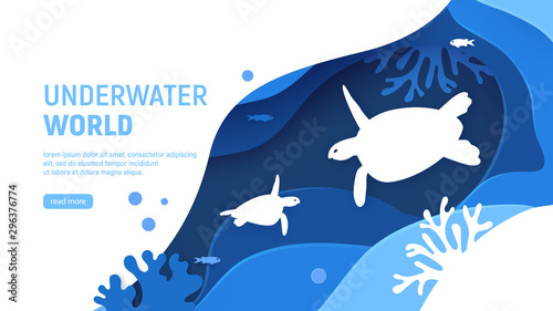 Underwater world page template. Paper art underwater world concept with turtles silhouette. Paper cut sea background with tortoise, waves, fish and coral reefs. Craft vector illustration