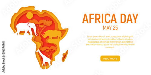 Africa day. Decorative 3d paper cut map of Africa continent with wild animals silhouettes. 3d paper cut eco friendly design. Vector illustration