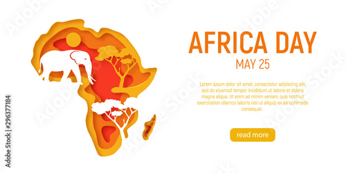 Africa day. Decorative 3d paper cut map of Africa continent with elephant’s silhouette. 3d paper cut eco friendly design. Vector illustration