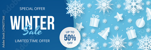 Winter sale banner. Paper cut vector. Vector Illustration.