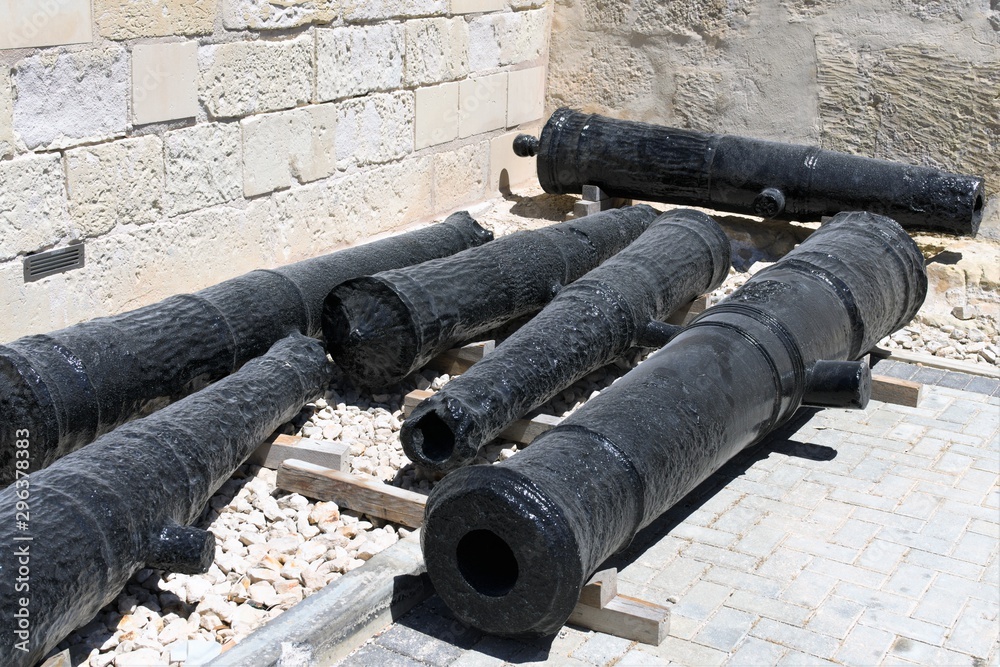 Valletta, Malta, August 2019. Old cannons of different calibers in the military museum of the island.