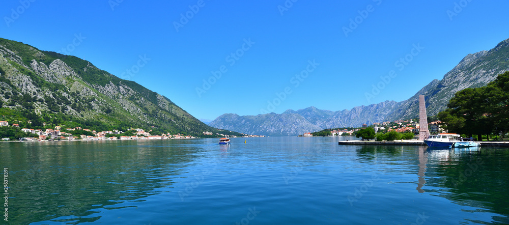 Fragment of Kotor Bay with houses on shore, Montenegro