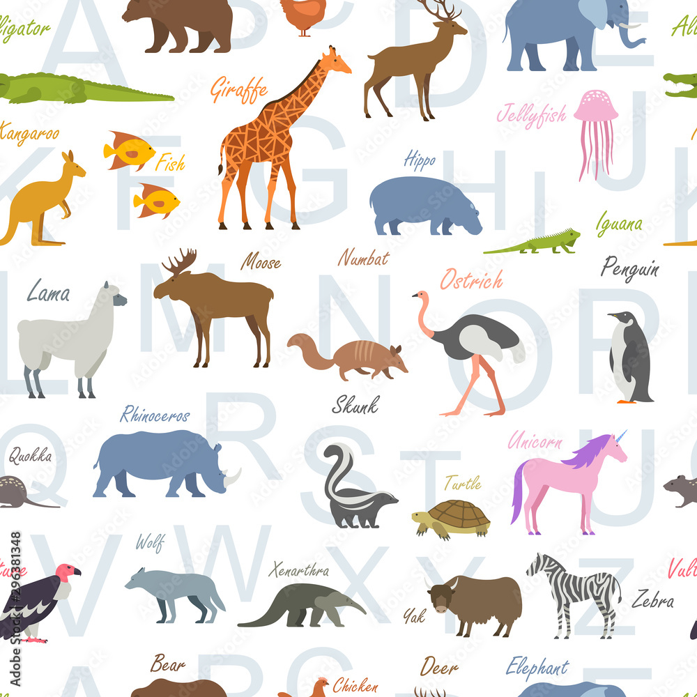 Fototapeta premium Seamless pattern with Zoo alphabet. Animal alphabet. isolated on white background