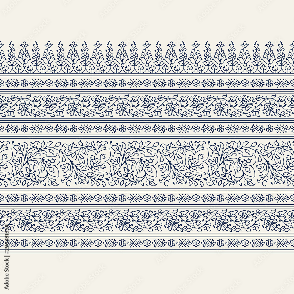 Luxury woodblock printed indigo dye seamless ethnic floral geometric border. Traditional oriental ornament of India, flower garlands and arcades motif, navy blue on ecru background. Textile print.