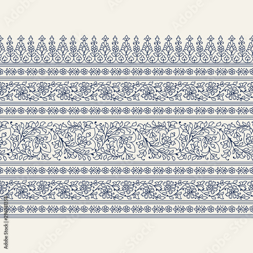 Luxury woodblock printed indigo dye seamless ethnic floral geometric border. Traditional oriental ornament of India, flower garlands and arcades motif, navy blue on ecru background. Textile print.