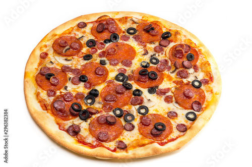 Pizza with olives and sausage and ham on white background