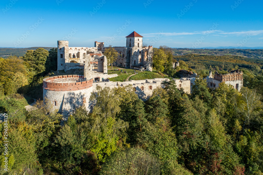 Ruins of medieval Tenczyn castle in Rudno near Krakow in Poland. Aerial view in fall
