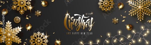 Christmas and New Year design, gold balls, golden snowflakes, garland with luminous bulbs, lettering on black background. Festive horizontal template. Vector illustration