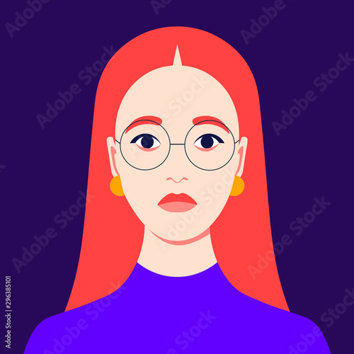 Portrait of a sad young red-haired woman. Avatar of a depressed girl with glasses. Failure. Vector flat illustration