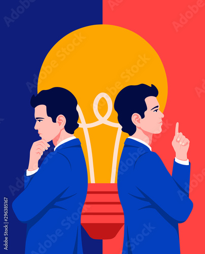 A young businessman is standing in profile. A man thinks and makes a decision. Problems and ideas in business. Innovation Difficulties in a startup. Vector flat illustration