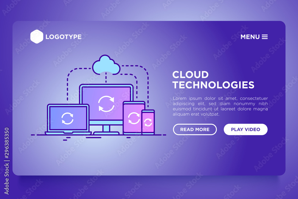 Cloud technologies web page template with thin line icons: monoblock, laptop, tablet and smartphone are connected with cloud database. Backup, upload and download from cloud. Vector illustration. Cloud technologies web page template with thin line icons: monoblock, laptop, tablet and smartphone are connected with cloud database. Backup, upload and download from cloud. Vector illustration.