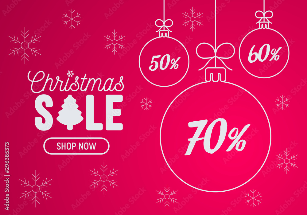 Christmas sale template with copy space. Christmas balls with discounts on snowflake background. Special prices. Modern vector illustration for shop promotion.