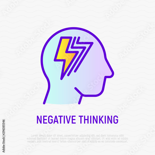 Negative thinking thin line icon. Flash in silhouette of man head. Depression, anxiety, frustration. Modern vector illustration of mental health.