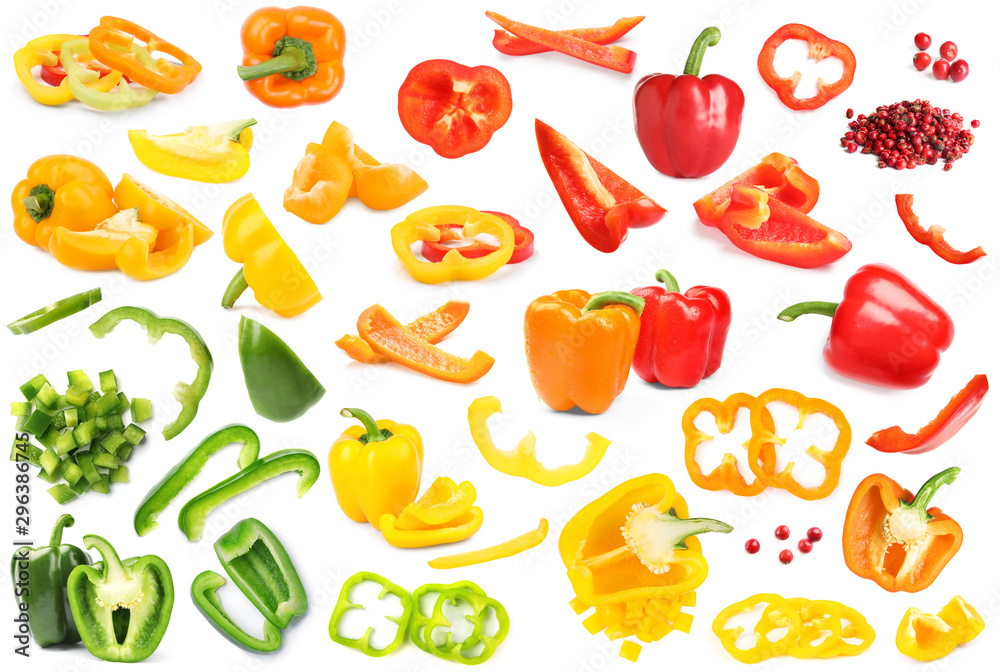 Set of fresh bell peppers and peppercorns on white background Set of fresh bell peppers and peppercorns on white background