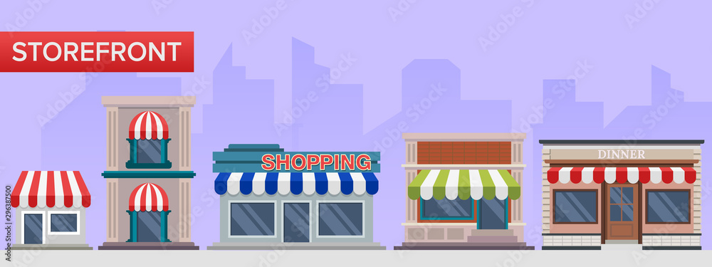 Flat illustration collection of shop building. The concept of buildings and architecture from a row of shopping places in the city. Storefront in the complex business district.