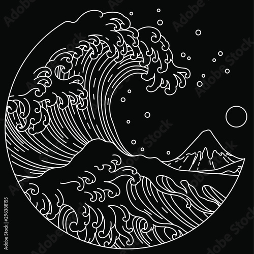 Vászonkép Japanese great wave line art in round shape illustration