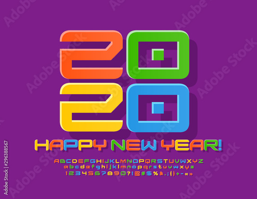 Vector colorful Greeting Card Happy New Year 2020  Creative Kids Font. Modern Alphabet Letters  Numbers and Symbols