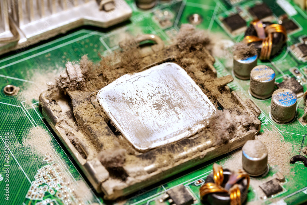 Old socket with CPU processor and dried thermal paste close-up, dust and  dirt on the motherboard for restoration Stock Photo | Adobe Stock