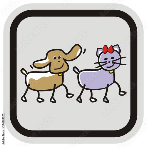 Cat and dog accepted, entry for pets is allowed, funny illustration at frame, gray background, vector icon