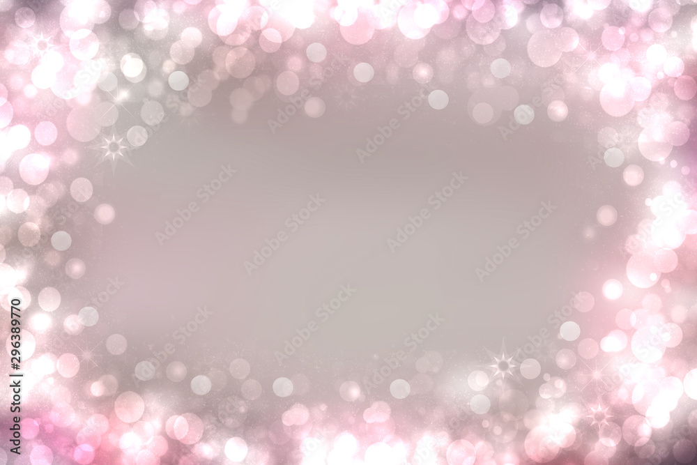Abstract festive blur bright pink pastel background with white stars love bokeh for wedding card or Valentine‘s day. Frame with free copy space for your design. Card concept.