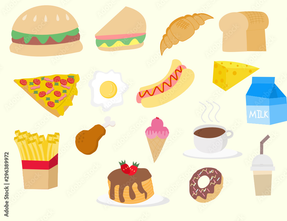 Set of food icons.Fast food dishes include fried chicken, french fries, sausages,hamburger and pizza.Desserts such as pancakes, ice cream, donuts, and chocolates.Set of drinks and breakfast. Set of food icons.Fast food dishes include fried chicken, french fries, sausages,hamburger and pizza.Desserts such as pancakes, ice cream, donuts, and chocolates.Set of drinks and breakfast.